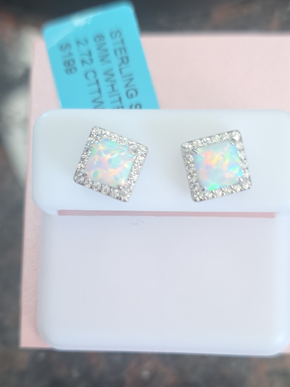 Sterling Silver Opal Square Halo Stud Earrings Moissanite
